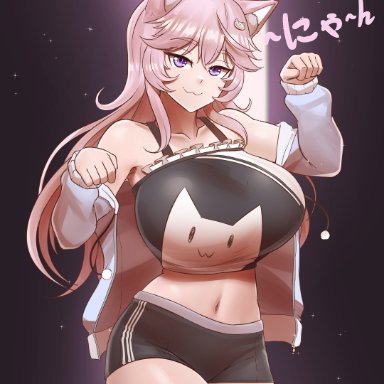 vshojo, nyatasha nyanners, aestheticc-meme, alley, arms up, breasts, cat ears, female, fully clothed, hair ornament, jacket, looking at viewer, pink hair, purple eyes, short shorts