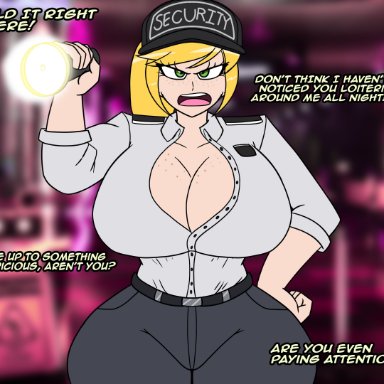 five nights at freddy's, vanessa (fnaf), burplenurpless, 1girls, blonde hair, breaking the fourth wall, breasts, female, green eyes, imminent sex, large breasts, talking to viewer, thick thighs, thunder thighs, wide hips