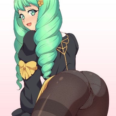 fire emblem, fire emblem: three houses, nintendo, flayn (fire emblem), oathcradle, rere (yusuke), ass, back, black legwear, blush, cowboy shot, drill hair, embarrassed, female, from behind