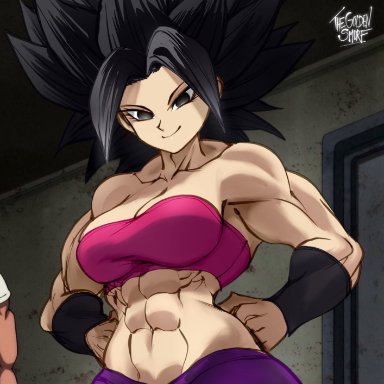 dragon ball, dragon ball super, caulifla, thegoldensmurf, abs, armpits, biceps, big breasts, black eyes, black hair, crop top, muscular female, saiyan, shoulders, solo