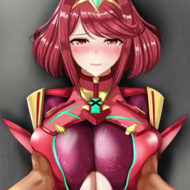 xenoblade (series), xenoblade chronicles 2, pyra, juno (artist), 1boy, 1boy1girl, 1girls, alternate breast size, big breasts, big penis, blush, breast grab, breast hold, covered paizuri, crying