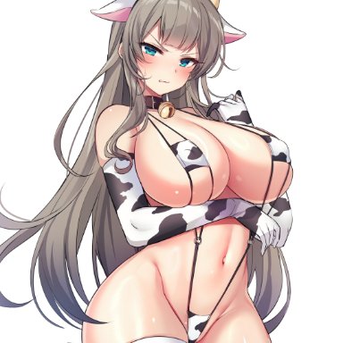 counter:side, maett, animal ears, animal print, bare shoulders, bell, black choker, blue eyes, breasts, choker, cleavage, clenched teeth, covered erect nipples, cow ears, cow horns