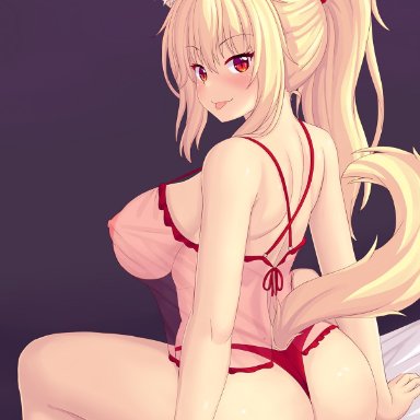 tiffy, tiffynyaa, 1girls, animal ears, areolae, ass, bed, blonde hair, blush, breasts, bubble butt, cat ears, cat tail, catgirl, erect nipples