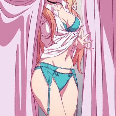 sono bisque doll wa koi wo suru, kitagawa marin, :d, aqua bra, aqua panties, black choker, blonde hair, blush, bow, bow panties, bra, breasts, choker, cleavage, clothes lift