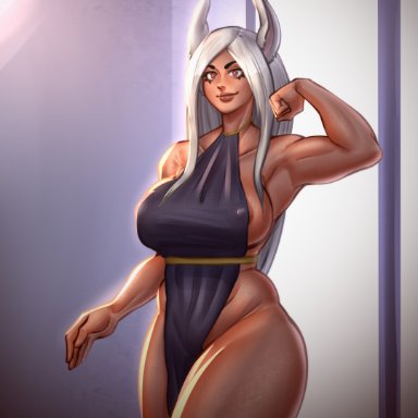 my hero academia, miruko, rumi usagiyama, denre, 1girls, big breasts, brown body, clothing, dark-skinned female, dark skin, female, huge breasts, red eyes, sideboob, thick thighs