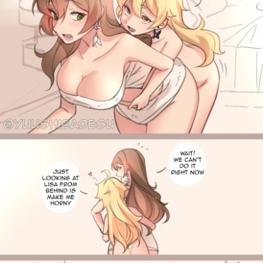 genshin impact, aether (genshin impact), lisa (genshin impact), yuushiba, 1boy, 1girls, bed, bedroom, bent over, blush, breasts, cleavage, heart, horny, hug