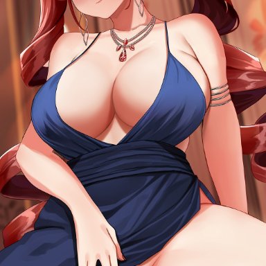 azur lane, honolulu (azur lane), piukute062, 1girls, ass visible through thighs, black panties, blue dress, blush, breasts, cleavage, dress, earrings, elegant, elegant dress, embarrassed