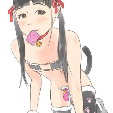 d9 (t1982), 1boy, black hair, cat ears, cat paws, cat tail, chastity, chastity cage, chastity device, cock cage, collar, condom, femboy, pink chastity cage, sissy