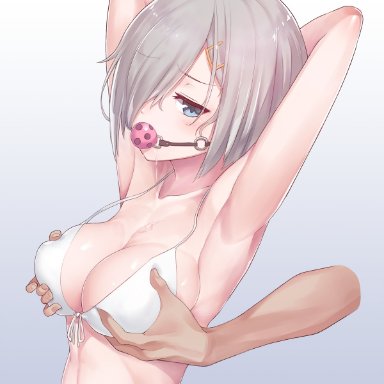 kantai collection, hamakaze (kantai collection), white swimsuit, blue eyes, ball gag, arms behind head, bdsm, female, medium breasts, breast grab, hairpin