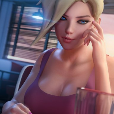 blizzard entertainment, overwatch, slushe (website), angela ziegler, mercy, nsf, 1girls, annoyed, athletic, big breasts, blonde hair, blue eyes, cellphone, european, female