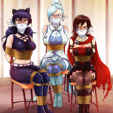 rwby, blake belladonna, ruby rose, winter schnee, orange boy88, orangeboy 88, 3girls, angry, angry sub, ball gag, big breasts, black hair, blue eyes, bondage, boots