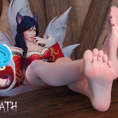 league of legends, ahri, skulldeath, barefoot, charm, feet, foot fetish, foot focus, pov, soles, toe ring, toes, 3d