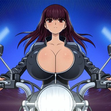 please don't bully me, nagatoro, sana sunomiya, akiranime, areola slip, bouncing breasts, brown hair, cleavage, huge breasts, long hair, motorcycle, outdoor, skimpy clothes, thigh clothes, animated