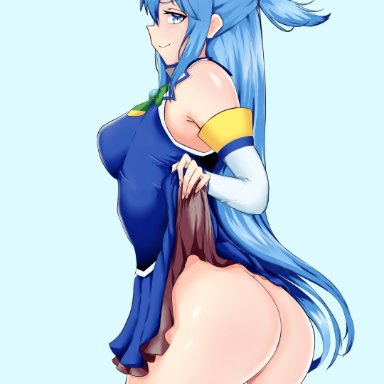 aqua (konosuba), ass, blue eyes, blue hair, female, female only, hair, long hair, presenting ass, skirt lift