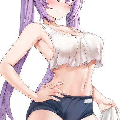 genshin impact, keqing (genshin impact), oxenia, 1girls, alternate breast size, armpits, bare legs, belly button, bloomers, blush, breasts, crop top, crop top overhang, female, female only