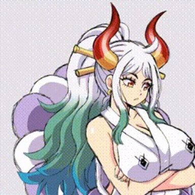 one piece, yamato (one piece), 1girls, big breasts, colored hair, dress pull, dressing, female only, happy female, horns, white hair, yellow eyes, gif, tagme