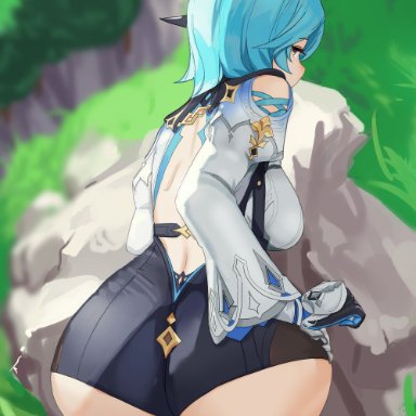 genshin impact, eula (genshin impact), dolri, 1girls, apple butt, ass, ass cheeks, back, back view, big ass, blue hair, breasts, female, female only, from behind