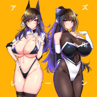 azur lane, atago (azur lane), takao (azur lane), funaya (a2brasd), 2girls, animal ears, bangs, black hair, black legwear, blush, breasts, cameltoe, cleavage, elbow gloves, eyebrows visible through hair