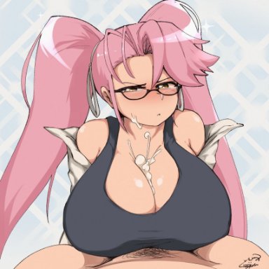 highschool of the dead, saya takagi, hatsumiilkshake, big breasts, cum, glasses, paizuri, pink hair, twintails