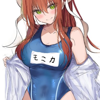 doki doki literature club, yon4444444, 1girls, big breasts, blush, breasts, eye contact, female, green eyes, looking at viewer, smile, solo, swimsuit, thick thighs, thighs