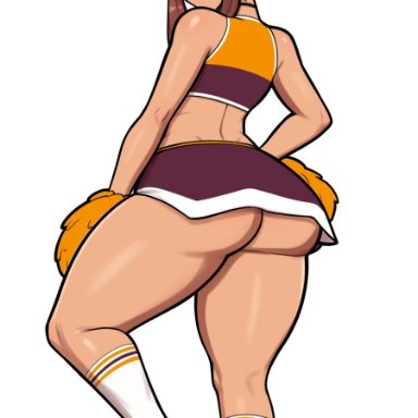 micaela (mrpotatoparty), oc, original character, mrpotatoparty, 1girls, ass, ass focus, biting lip, blue hair, blush, blushing, brown hair, cheerleader, curvaceous, curvy