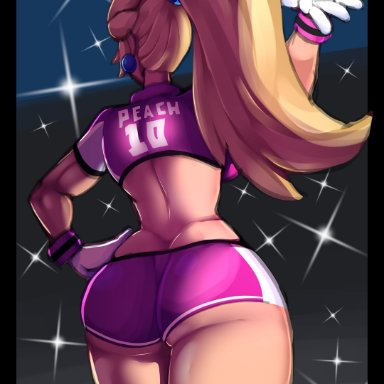 mario (series), mario strikers, princess peach, tippydoodles, ass, big ass, big butt, blonde hair, crown, gloves, ponytail, shorts, solo, solo female, sportswear