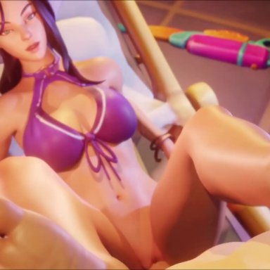 league of legends, pool party series, caitlyn kiramman, coombot (artist), beard, bikini top, blue eyes, feet, feet on face, hat, no panties, purple hair, scrunched toes, soles, toes