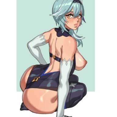 genshin impact, eula (genshin impact), rizdraws, 1girls, areolae, armwear, ass, big ass, big breasts, blue hair, breasts, female, huge ass, nipples, short hair