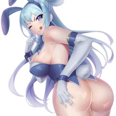 aqua (konosuba), unmeinobasho, ass, blue eyes, blue hair, bunny ears, bunnysuit, female, hair ornament, long hair, solo, solo focus