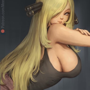 nintendo, pokemon, pokemon dppt, cynthia (pokemon), meekohopanes, 1girls, black tank top, blonde hair, booty shorts, breasts, female, female only, grey eyes, hair ornament, hair over one eye