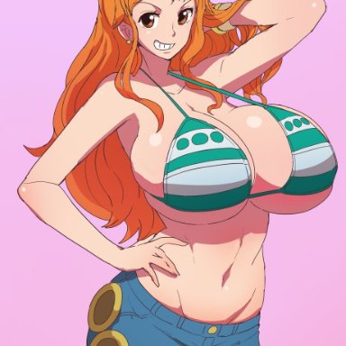 one piece, shounen jump, nami, sasaki tatsuya, 1girls, bikini top, breasts, brown eyes, cleavage, female, female only, grin, hand behind head, hand on hip, huge breasts