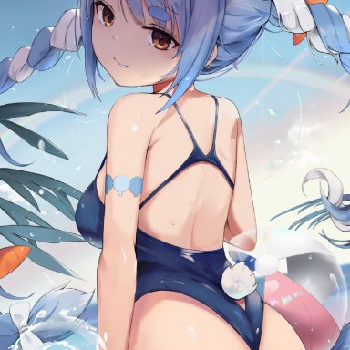 hololive, usada pekora, animal ear fluff, animal ears, armlet, ass, ass support, ball, bangs, bare shoulders, beachball, big ass, blue hair, blue swimsuit, braid