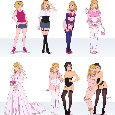 dawn2069ms, dawn (oc), dusk (oc), original character, pink horizons, 2boys, arms behind back, ball gag, black hair, blonde hair, bondage, bridal, bridal dress, bridal gloves, bridal lingerie