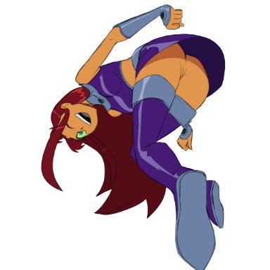 teen titans, starfire, drpizzaboi1, threetwigs, 1girls, ass, ass focus, boots, green eyes, long hair, nopan, one eye closed, red hair, simple background, skirt