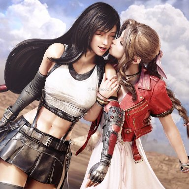 final fantasy, final fantasy vii, final fantasy vii remake, square enix, aerith gainsborough, tifa lockhart, ria-neearts, 2girls, abs, cleavage, closed eyes, clothed, cute, female, female only