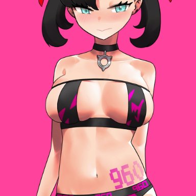 nintendo, pokemon, pokemon ss, marnie (pokemon), monkey jon, 1girls, bikini, black hair, blush, body markings, body writing, breasts, choker, dusk ball, embarrassed