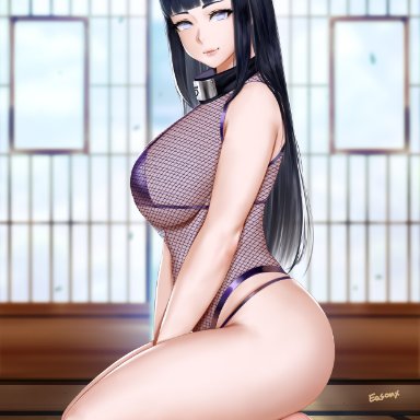 naruto, naruto (series), naruto shippuden, hyuuga hinata, easonx, 1girls, bangs, barefoot, bikini, black hair, blunt bangs, blurry, blurry background, breasts, fishnet leotard