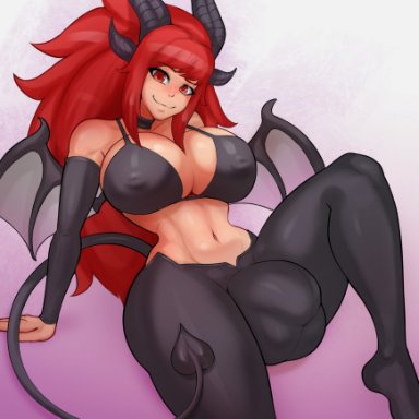 0w0wer, 1futa, balls, bat wings, big breasts, blush, breasts, bulge, cleavage, clothed, clothing, futa only, futanari, horns, hourglass figure