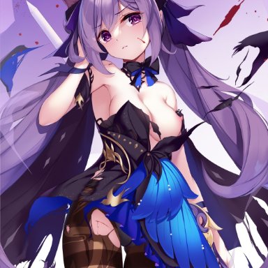 genshin impact, keqing (genshin impact), animal ear fluff, animal ears, bangs, bare shoulders, black bow, black bowtie, blood, blue bow, blue bowtie, blush, bow, bowtie, braid