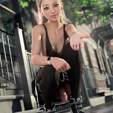 slushe (website), lewdities, 1futa, 1girls, blonde hair, city background, clothed, clothing, depth of field, earbuds, erect penis, erection, futa only, futanari, long hair