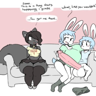 marco (angstrom), molly (angstrom), roxy (angstrom), angstrom, ..., ?, anthro, balls, big balls, big breasts, big penis, black hair, blue hair, blush, bottomless