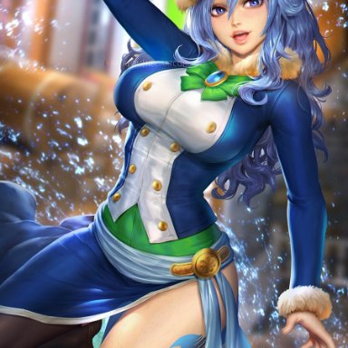 fairy tail, juvia lockser, neoartcore, nudtawut thongmai, blue eyes, blue hair, large breasts, tattoo, thighhighs, thighs, tight clothing, uncensored