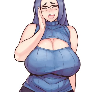 idolmaster, idolmaster (classic), miura azusa, zako (arvinry), bare shoulders, belly, blush, breasts, cleavage, closed eyes, eyebrows, female, glasses, hair intakes, hip focus