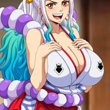 one piece, shounen jump, yamato (one piece), sano-br, 1girls, bangs, bare shoulders, big breasts, blue hair, breasts, cleavage, curvaceous, curvy, curvy figure, demon horns