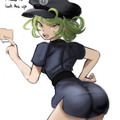 one-punch man, tatsumaki, rakeemspoon, 1girls, angry, ass, big ass, eye contact, female, female focus, green eyes, green hair, looking at viewer, police hat, police uniform