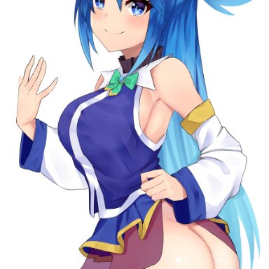 aqua (konosuba), artist request, ass, blue eyes, blue hair, female, female only, hair ornament, presenting ass, skirt lift, solo