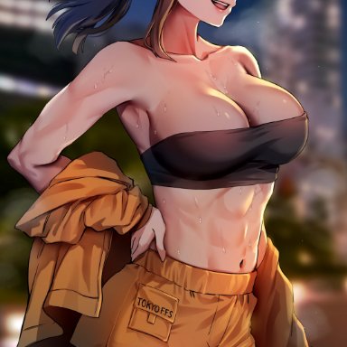 enen no shouboutai, fire force, oze maki, foxyreine, 1girls, abs, airpods, athletic, athletic female, big breasts, black hair, breasts, brown bottomwear, city, crop top