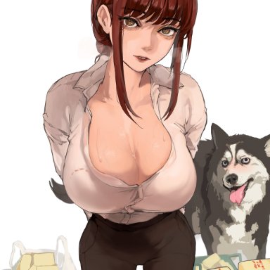 chainsaw man, makima (chainsaw man), makima dogs, mamimi (artist), bestiality, big breasts, bite mark, blush, breasts, canid, canine, canis, clothed, clothed/nude, clothing
