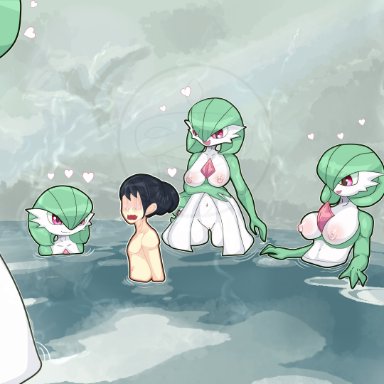 pokemon, pokemon legends: arceus, gardevoir, hisui, pok&#233;mon (species), theninjadark, 1boy, 1boy2girls, 6girls, anthro, breast grab, breasts, breasts out, challenge, exposed breasts