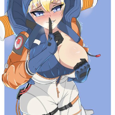 apex legends, wattson (apex legends), alternate breast size, belt, big ass, big breasts, big butt, big hips, big pussy, big thighs, blush, blush lines, bottom heavy, breast hold, breast squish